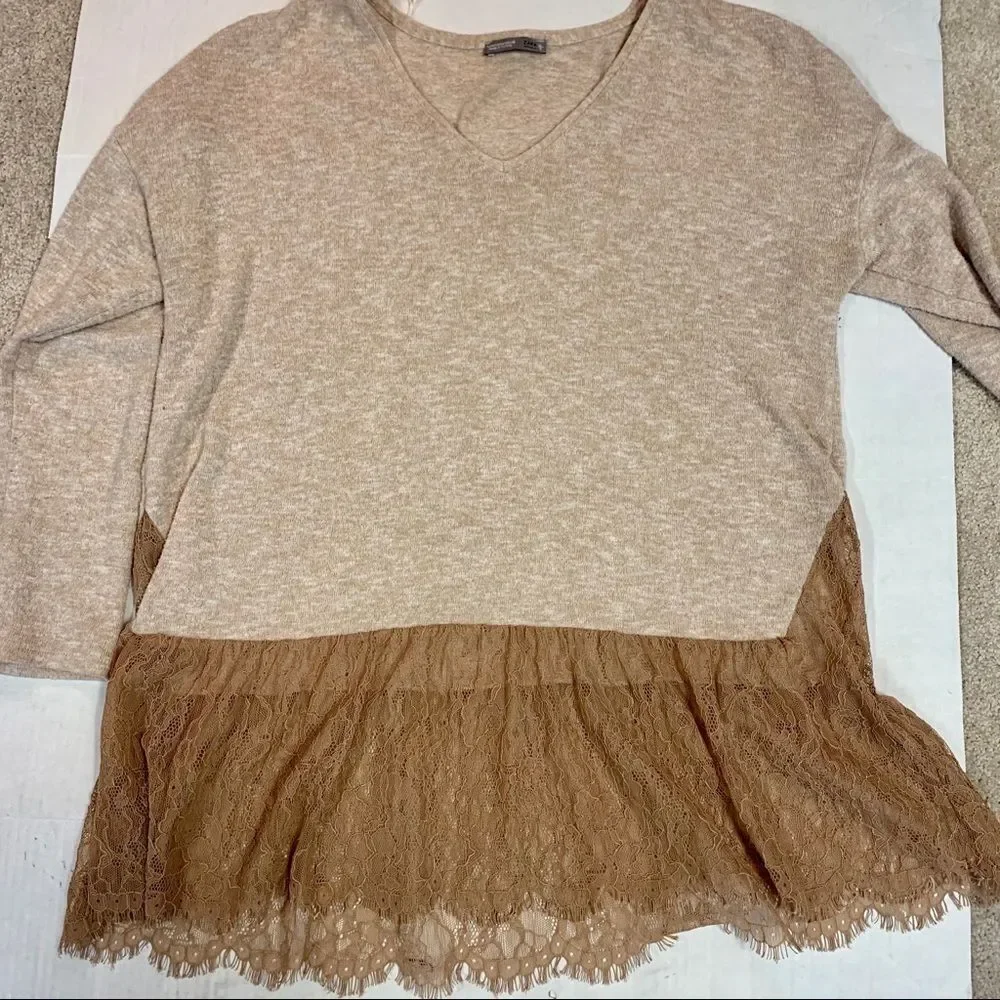 Zara dusty rose peach V-neck long sleeve sweater lace trim Sz M - Picture 5 of 9